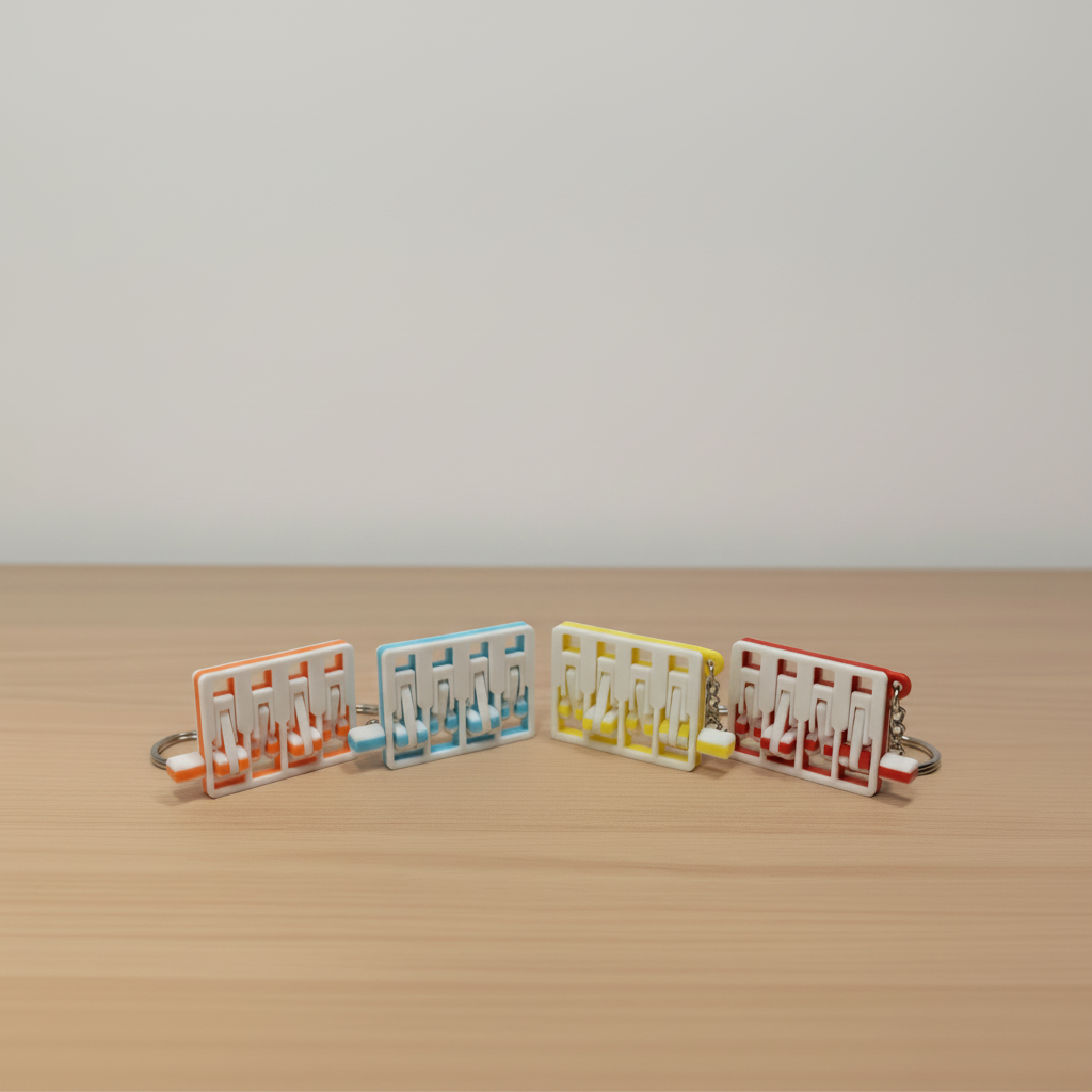 Abacus keychains on wooden desk - orange, light blue, yellow, and red