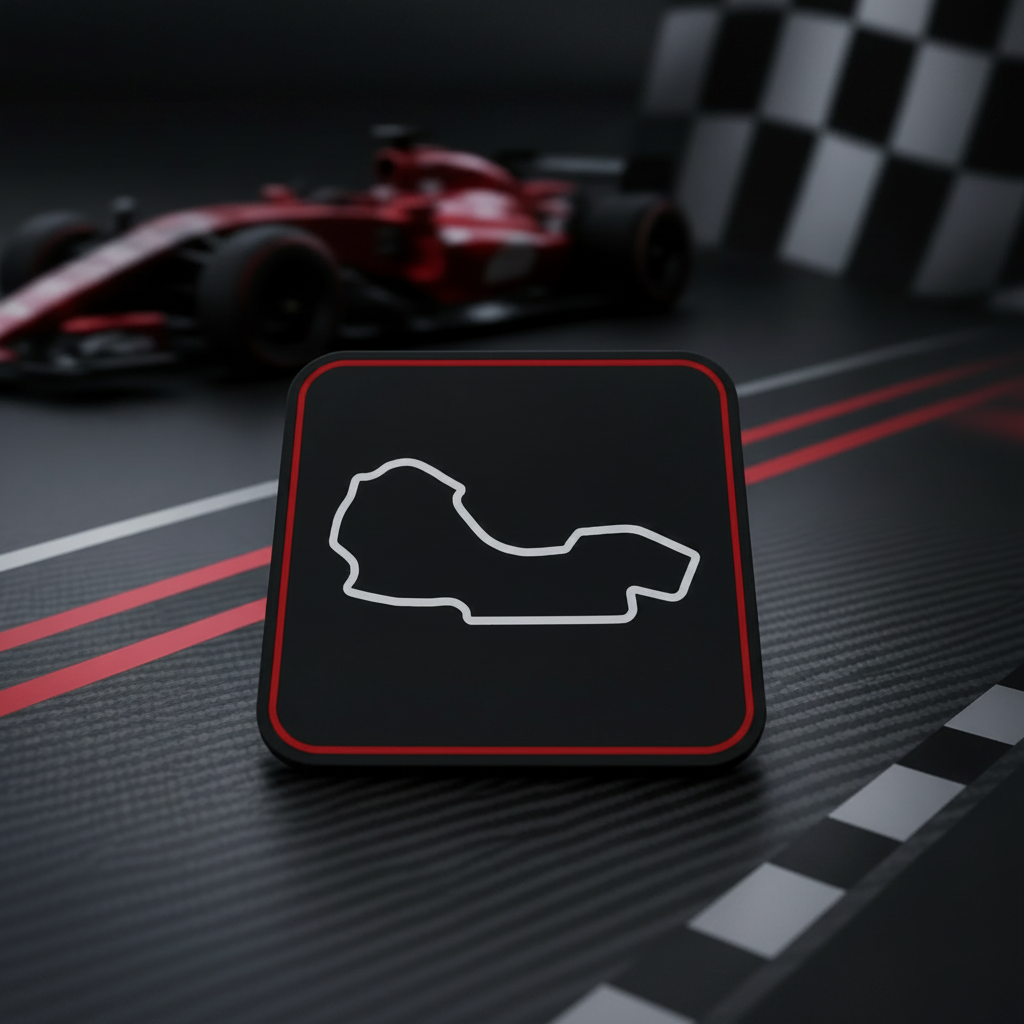 A square black coaster or mat with rounded corners, featuring a white outline of a race track on the front and a red border, displayed on a dark carbon-fiber-like surface with a blurred red race car and checkered flag in the background.