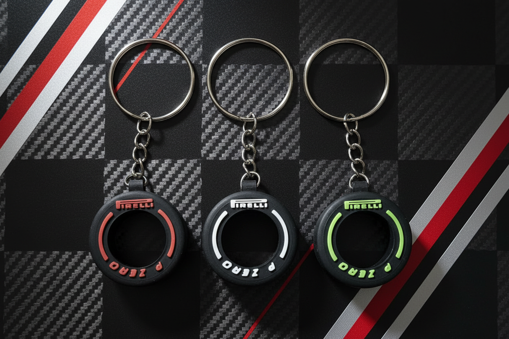 F1 Tire Keychains all three variants display