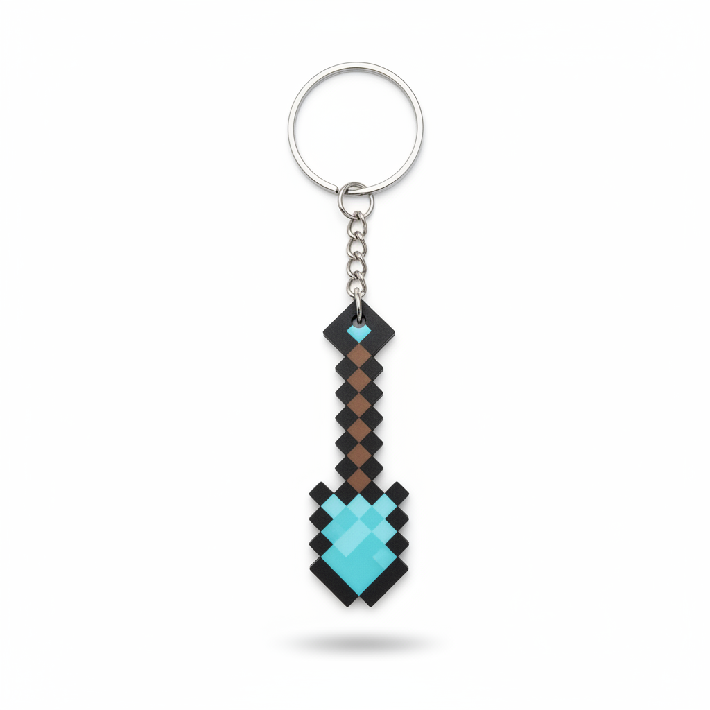 Minecraft diamond shovel keychain in pixel art style
