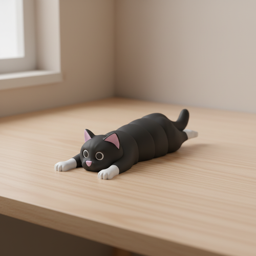 Black articulated cat with pink ears and white paws lying flat on wooden desk