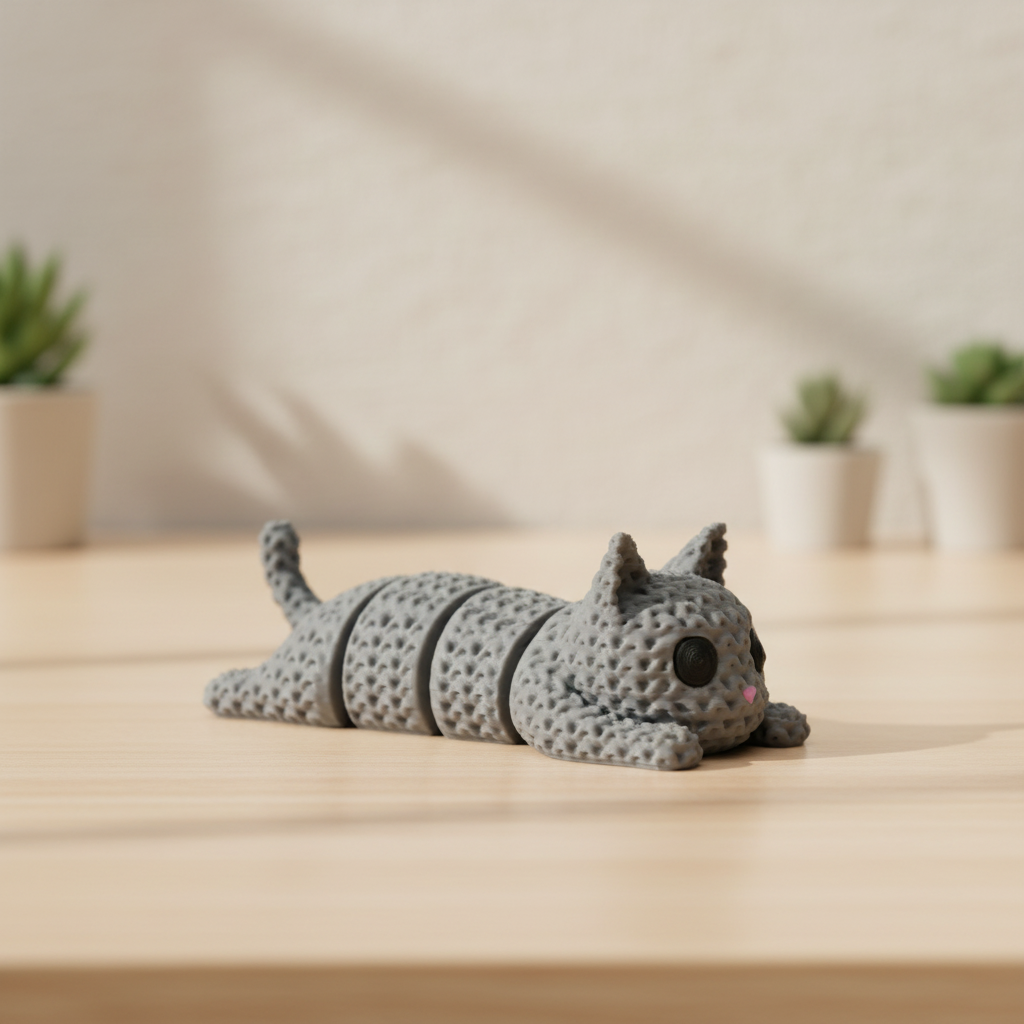 Gray articulated lattice cat lying stretched out on wooden desk