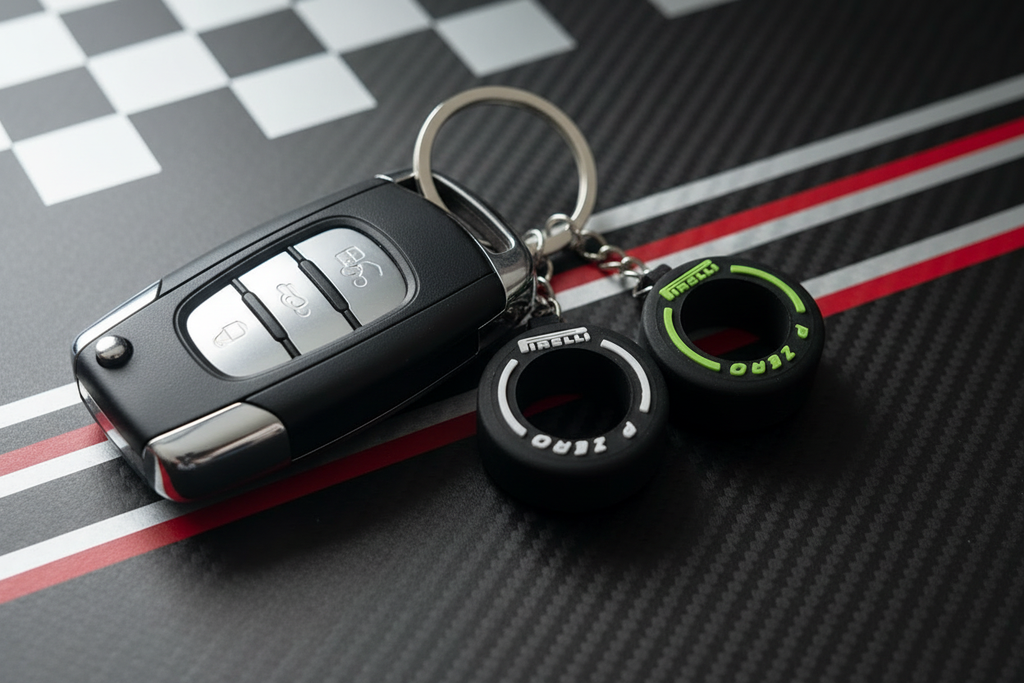 F1 Tire Keychains lifestyle with keys