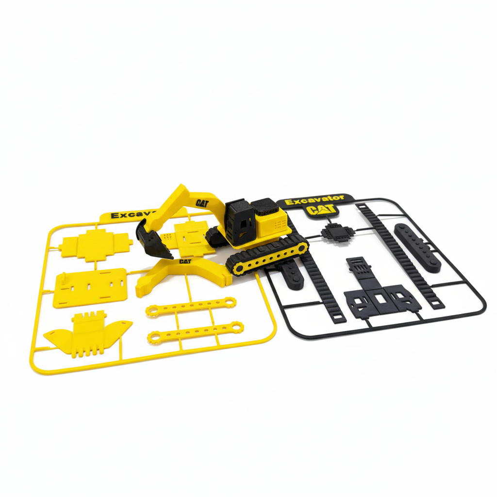 CAT Excavator kit cards with unassembled pieces and completed yellow and black model on white background