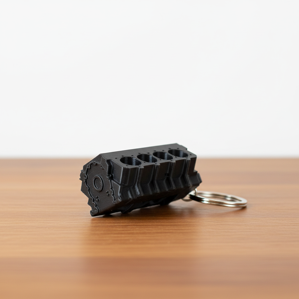 V8 Engine Block Keychain on wooden desk