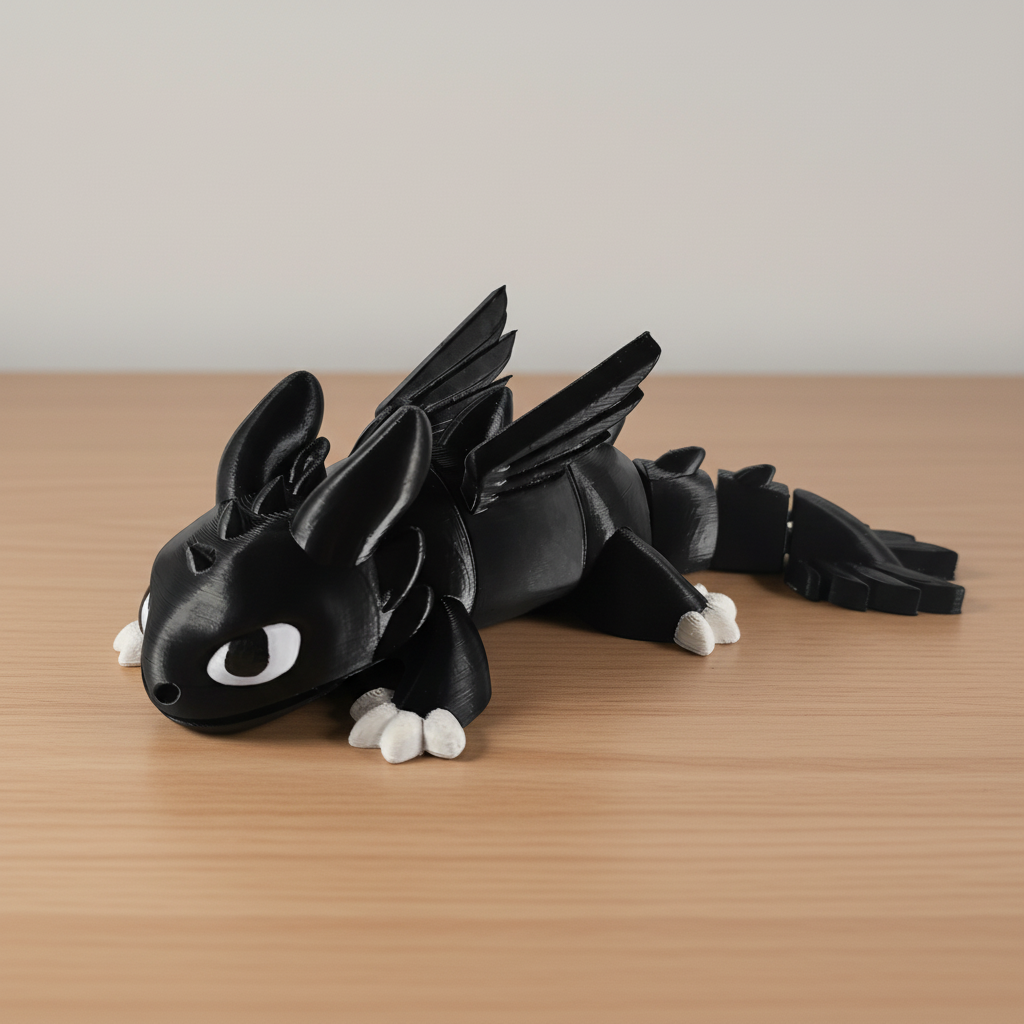 Black articulated Night Fury dragon with distinctive eyes lying on wooden desk