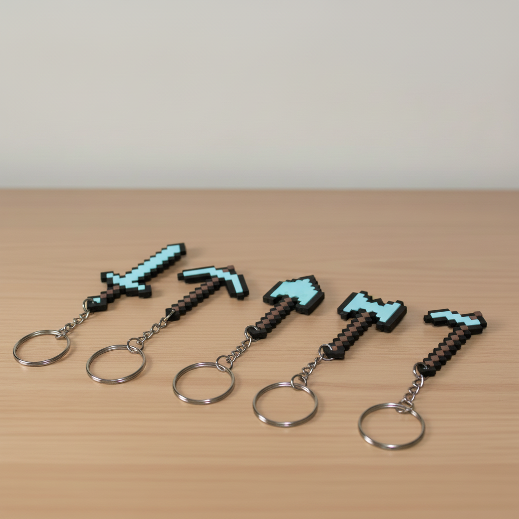 Minecraft tools keychains on desk