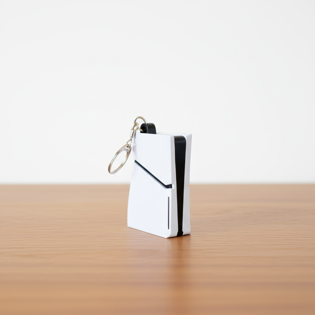 PS5 keychain on desk