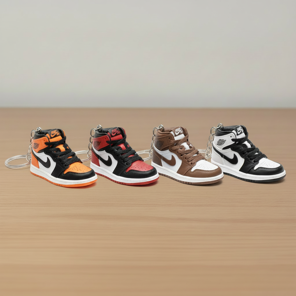 Sneaker keychains - orange, red, brown, and white